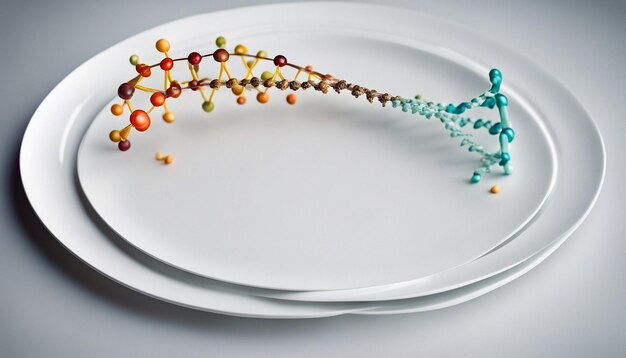 Foto estrutura de hélice de dna na placa branca nutrição personalizada dna e nutrientes afetam a vida humana