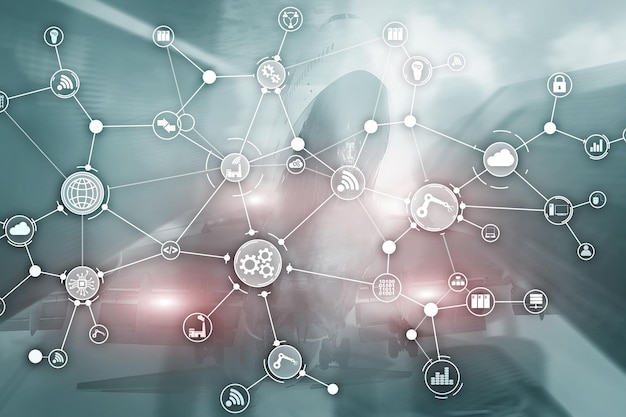 Estrutura de organização de fluxo de trabalho de processos de negócios industriais de tecnologia na tela virtual IOT conceito de indústria inteligente diagrama de mídia mista