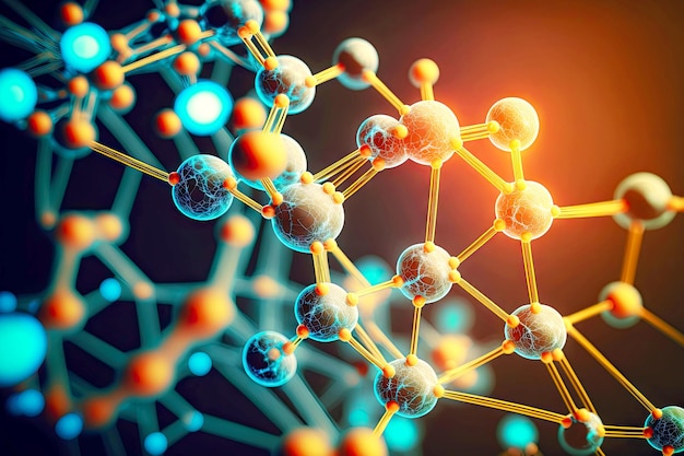 Estrutura do close up da molécula modelo iluminada verde laranja