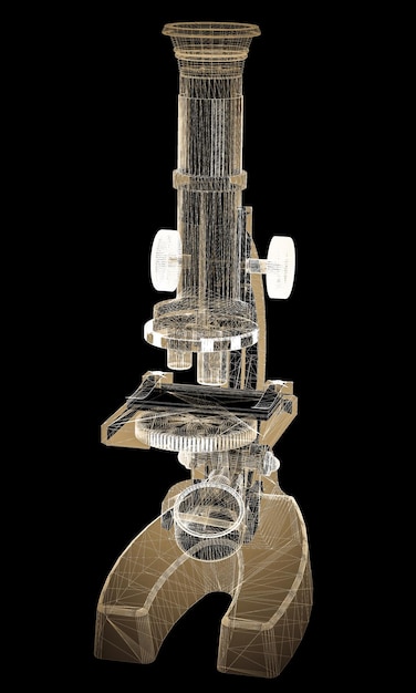 Estrutura do corpo do microscópio, modelo de fio no fundo