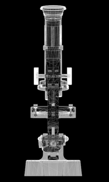 Estrutura do corpo do microscópio, modelo de fio no fundo