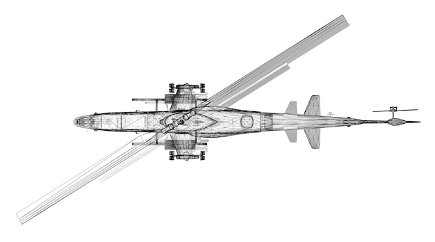 Estrutura do corpo do modelo 3d do helicóptero militar, modelo com fio