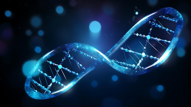 Estrutura do DNA em luz azul em fundo escuro IA generativa