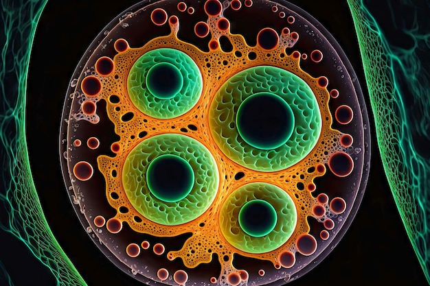 Foto estrutura microbiológica da célula em processo de divisão celular no microscópio
