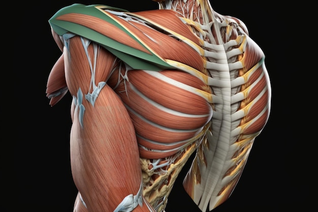 Estrutura muscular nas omoplatas e fibras musculares do braço criadas com IA generativa