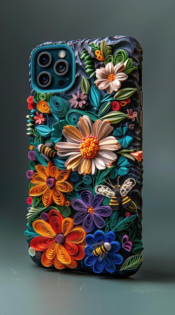 un estuche colorido con flores y mariposas en él