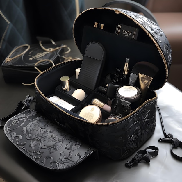 Un estuche de maquillaje con un diseño negro y un anillo plateado.