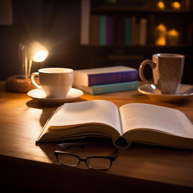 Foto estudando cena noturna livro de café e lâmpada