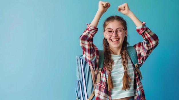 Foto estudante adolescente alegre com mochila e livros isolados em fundo azul conceito de educação de volta à escola