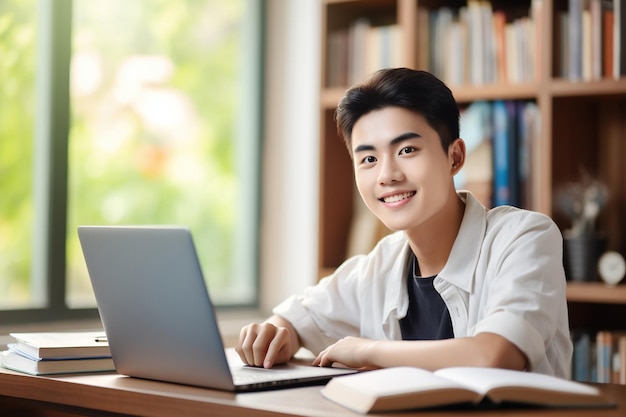 Estudante adolescente asiático feliz aprendendo eletronicamente em casa no computador escrevendo anotações menino adolescente sorridente usando laptop assistindo webinar aprendizagem híbrida de inglês aula virtual on-line sentado na mesa de casa