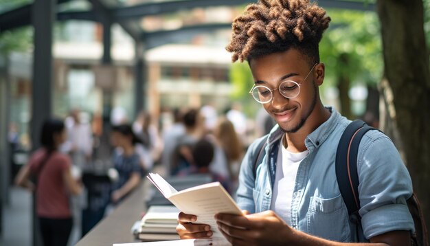 Foto estudante africano sorridente estudando ao ar livre felicidade na educação gerada pela ia