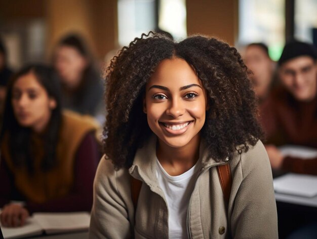 Estudante afro-americana feliz em uma aula na universidade olhando para a câmera