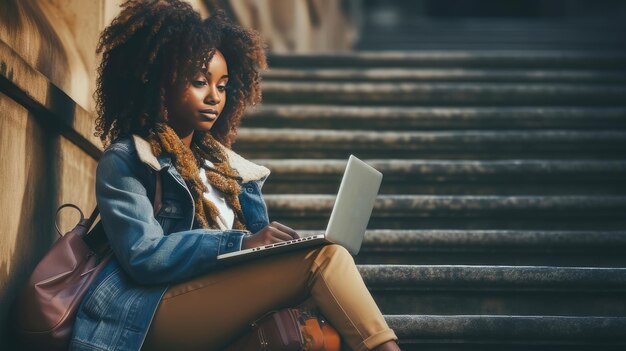 Estudante afro-americana sentada com laptop nos degraus