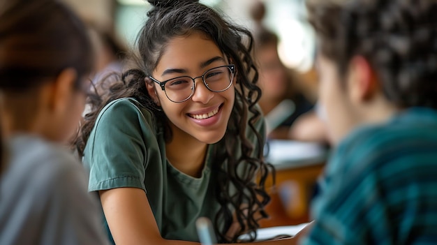 Foto estudante alegre com óculos sorri para a câmera ela está sentada em sua mesa em uma sala de aula cercada por seus colegas