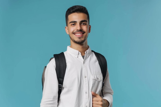 Estudante árabe feliz com mochila para conceito de aprendizagem à distância