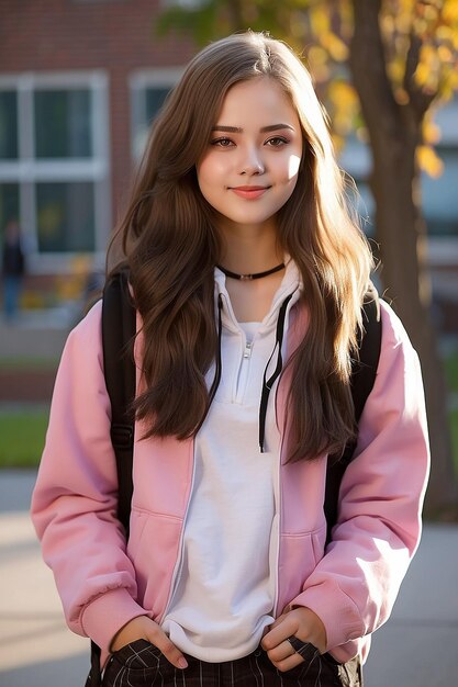 Foto estudante asiática bonita de pé segurando um livro olhando para a câmera