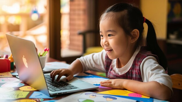 Foto estudante asiática estudando internet virtual aula on-line na mesa em casa