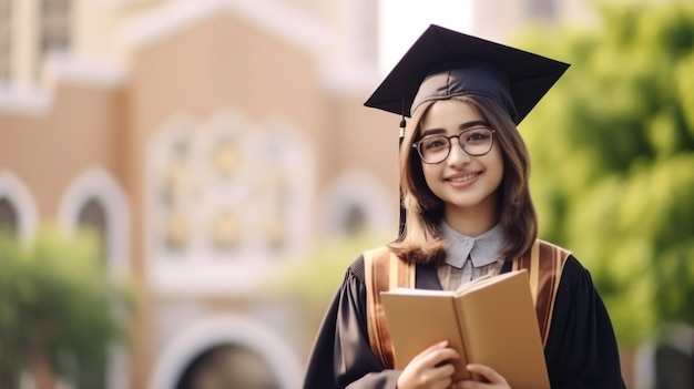 Estudante asiática sorridente em traje acadêmico e boné de formatura, segurando diploma
