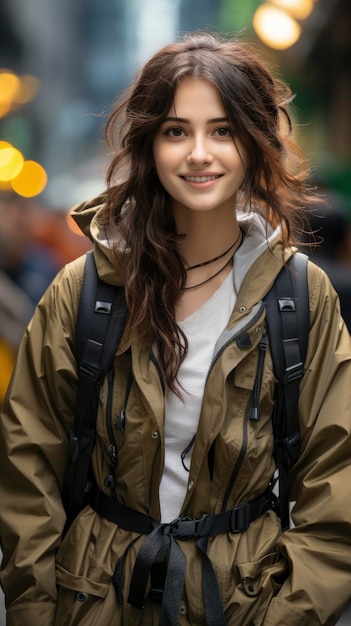 Estudante asiática sorridente feliz com ilustração de fundo da cidade da mochila