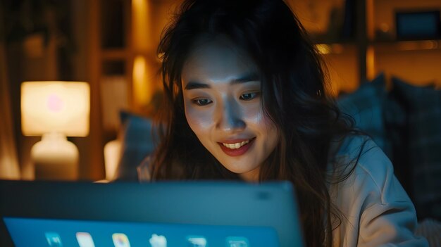 Estudante asiática sorridente usando laptop em um estúdio aconchegante