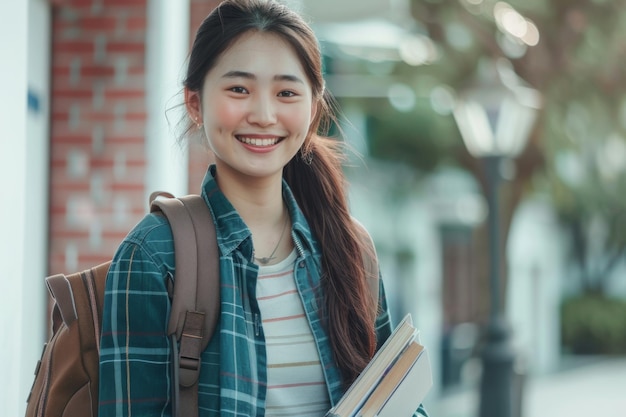 Estudante asiático confiante caminhando com livros