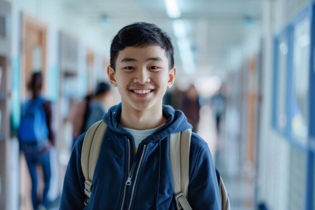 Estudante asiático confiante no corredor da escola
