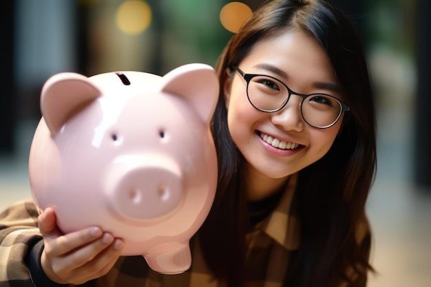 Estudante asiático da Smart Savings reserva dinheiro em um cofrinho visando o sucesso financeiro