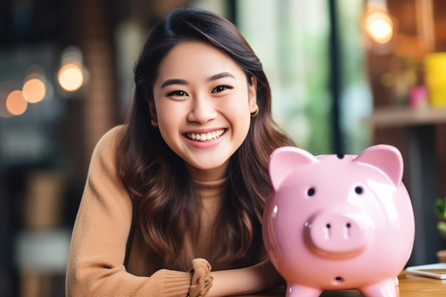 Estudante asiático da Smart Savings reserva dinheiro em um cofrinho visando o sucesso financeiro