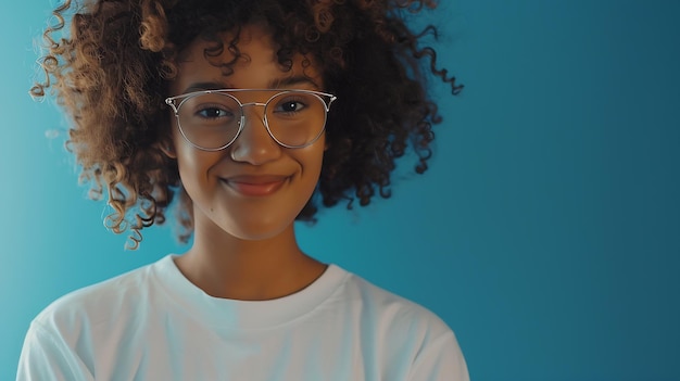 Estudante atraente com cabelo encaracolado usa óculos transparentes camiseta branca st IA generativa