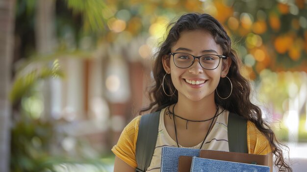 Estudante bonita com um caderno de óculos emmarcados na mão