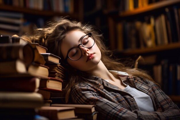 Estudante cansada com óculos dormindo nos livros da biblioteca