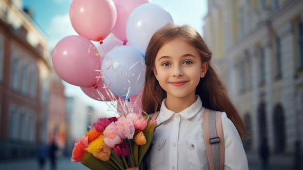 Estudante com um buquê de flores e balões no fundo da escola