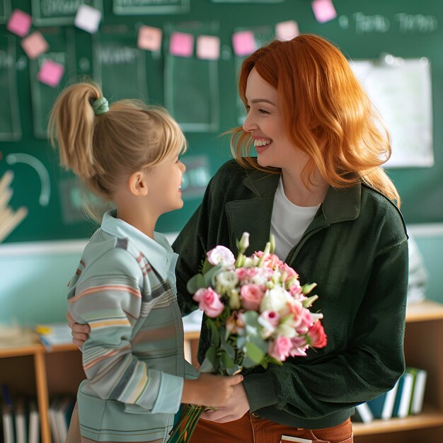 Estudante dando flores para a celebração do dia do professor