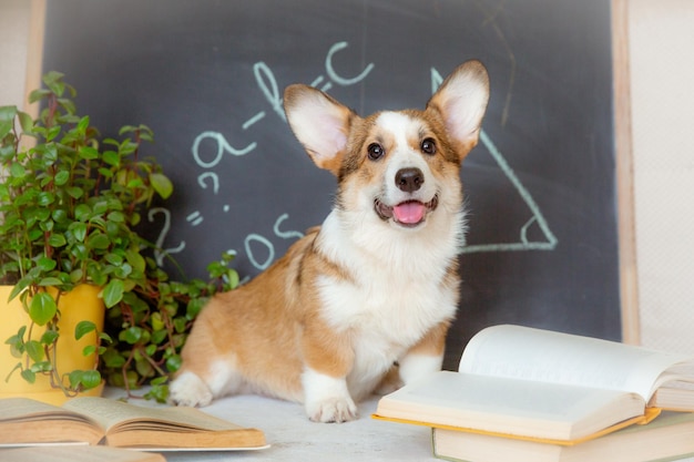 Estudante de cachorro galês corgi com óculos perto do quadro-negro o conceito de educação