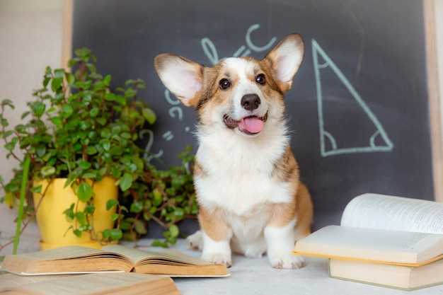 Estudante de cachorro galês corgi com óculos perto do quadro-negro o conceito de educação