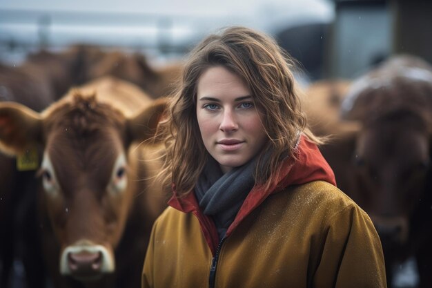 Estudante de fazenda dinamarquesa alimentando vacas e touros na neve