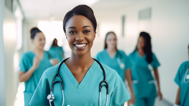 Estudante de medicina em uniforme azul com estetoscópio no fundo médico de pé com o grupo o