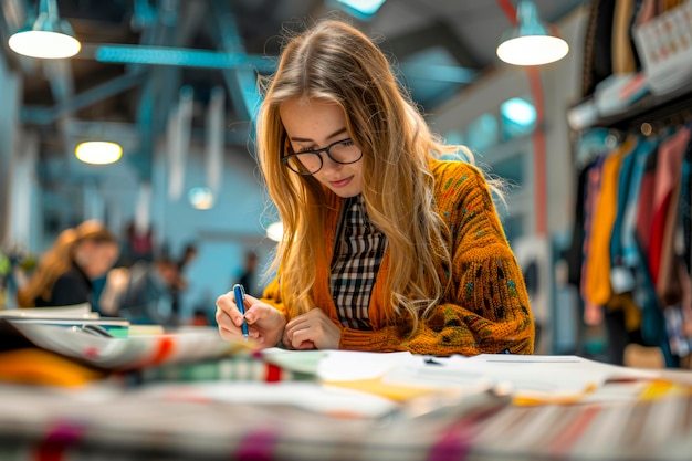 Estudante de moda documentando e medindo para inspiração de design