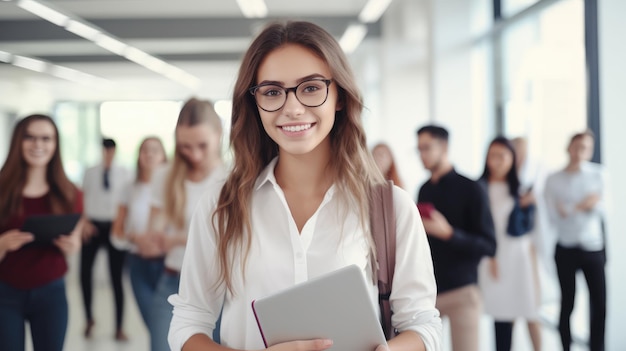 estudante de mulher usando mochila óculos segurando livros e tablet na universidade Gene