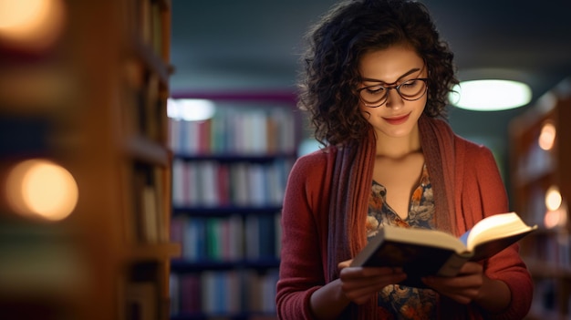 Estudante de pé em frente às prateleiras de livros na biblioteca da faculdade e lendo um livro