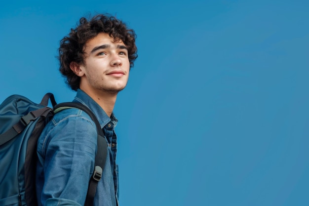 Estudante determinado em fundo azul