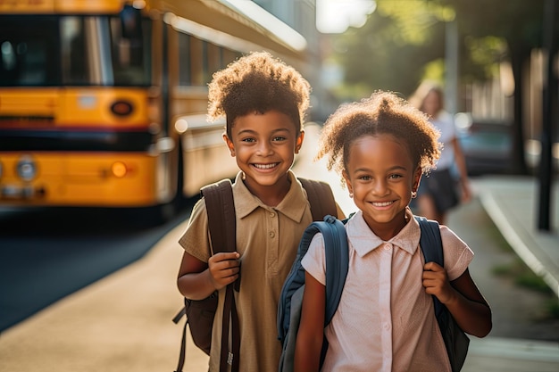 Estudante do ensino fundamental juntos vestindo roupas de verão e carregando mochilas ao lado do ônibus