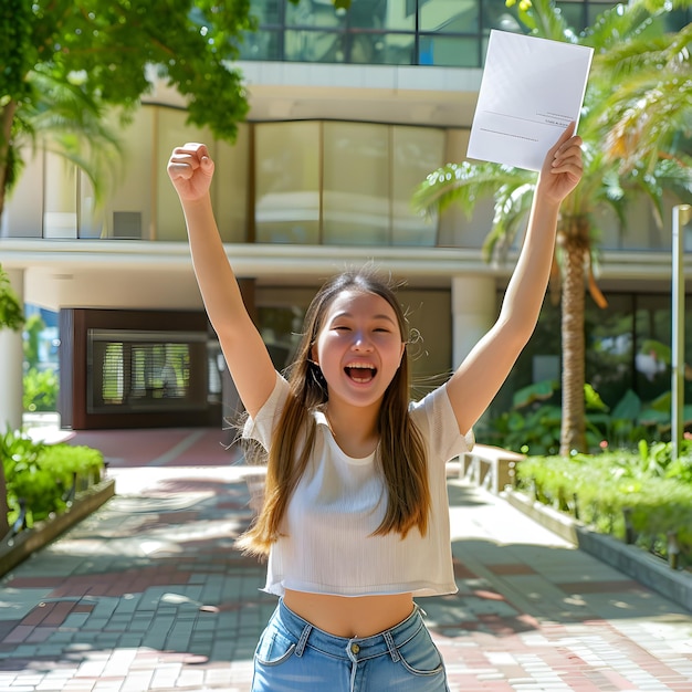 Foto estudante em êxtase comemorando a admissão na universidade com carta de aceitação na mão