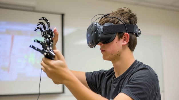 Foto estudante engenheiro controlando membro biônico com fone de ouvido vr em conceito de educação em ciência da computação