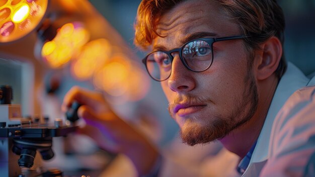 Estudante examinando lâminas microscópicas de tecido humano durante uma aula de patologia HD fotorrealista