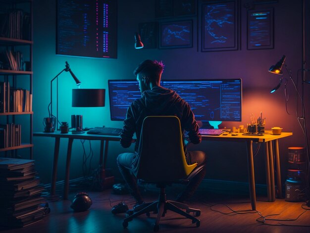 estudante fazendo codificação em sua configuração de computador com iluminação adequada na noite colorida cadeira de mesa de PC