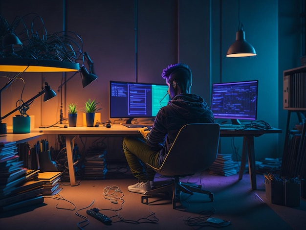 estudante fazendo codificação em sua configuração de computador com iluminação adequada na noite colorida cadeira de mesa de PC