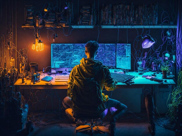 estudante fazendo codificação em sua configuração de computador com iluminação adequada na noite colorida cadeira de mesa de PC