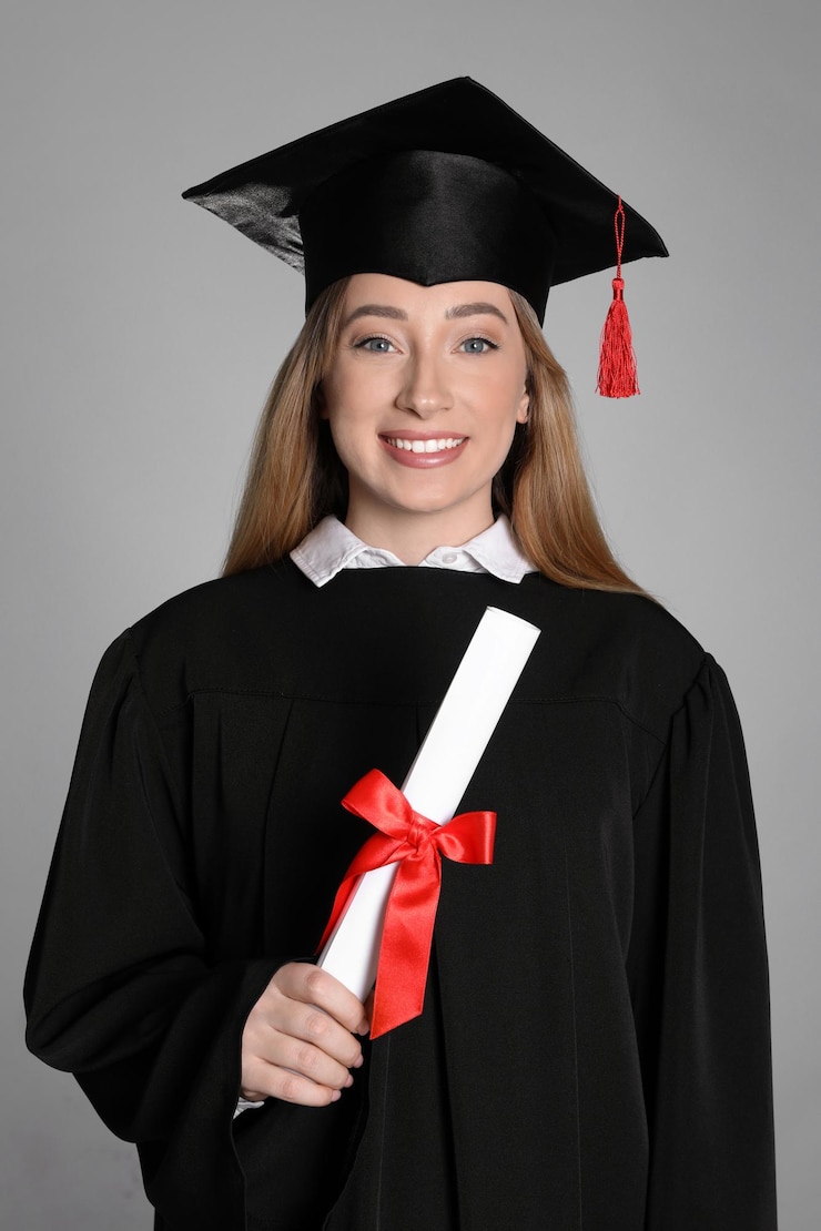 Foto estudante feliz com diploma em fundo cinza