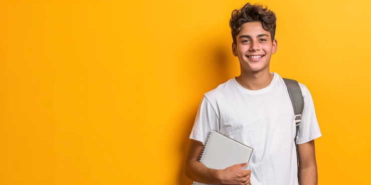 Foto estudante feliz com tablet e mochila em um comportamento vibrante